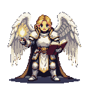 Radiant cleric with white armor, open book emitting divine light, and majestic white wings.