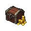 Weathered dark wooden chest with metallic bands and latch next to a small pile of glittering gold coins.