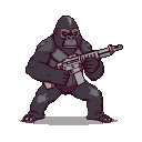 A gorilla with deep purple and grey fur and glowing orange eyes clutches an assault rifle against a black background.