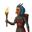 A traveler with blue hair holds a flickering torch, their face gaunt and sharp-featured. They wear patchwork red and blue clothing with a pack on their back.