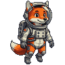 A pixelated orange fox wearing a grey and white spacesuit with a metallic helmet and backpack.