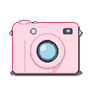 Compact digital camera in pastel pink pixel art with a light blue lens reflection.