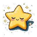 A cheerful yellow star with closed eyes and a gentle smile, resting in a night sky surrounded by tiny twinkling stars.