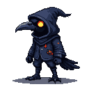 A cloaked plague doctor figure with a raven mask, glowing orange eyes, and a red cross emblem on its coat.