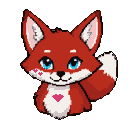 A stylized red fox with vibrant blue eyes and pink hearts on its cheeks.