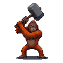 Pixel Art: oranguthan hero with hammer weapon