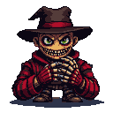 A menacing figure with a sinister grin, sharp pixelated teeth, and piercing green eyes, wearing a red and black striped sweater and a dark hat with a red band.