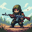 Soldier in green hooded uniform with AK-47 in a pixelated forest.