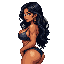 Latina woman with dark wavy hair, sun-kissed skin, and a dark bikini, posed in side-view.