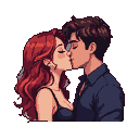 Couple kissing, the woman with auburn hair in a dark dress, the man in a dark blue shirt, their eyes closed.