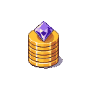 A stack of golden coins topped with a deep purple diamond.