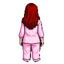 A person with auburn hair in a pink polka dot pajama set stands with their back to the viewer.