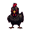 A menacing chicken with glowing red eyes and a sharp yellow beak on a black background.