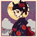 Geisha with fox ears and amber eyes, wearing a crimson and orange floral kimono with a red obi, gazes pensively towards a large moon in a starry twilight sky with clouds.
