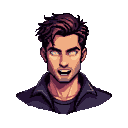 Young man with tousled dark hair and glowing white eyes, mouth open mid-sentence, wearing a dark collared jacket.