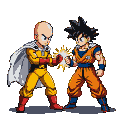 Saitama in his yellow suit and Goku in his orange gi clash fists, creating a bright energy burst between them.