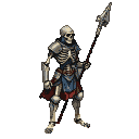 Skeletal knight in weathered armor and a blue and red surcoat, holding a spear aloft.