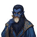 Pixel Art: blue djinn drinking tea, dark fantasy style