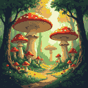 Pixel Art: Forest of giant mushrooms with soft golden light (generated with AI by Den).