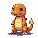 A cheerful, pixelated Charmander with bright orange scales, a wide grin, and a flickering tail flame.