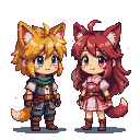 A boy and a girl with fox ears and tails stand together. The boy has blonde hair, green eyes, and wears adventurer's clothes with a green scarf. The girl has auburn hair, red eyes, and wears a rosy dress.