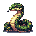 Vibrant green pixel art snake coiled with head held high, tongue flicking, detailed scales with yellow accents.