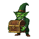 Pixel Art: goblin banker holding treasure chest