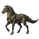 A reptilian horse with dark green and brown scales, a whip-like tail, and its mouth slightly open.