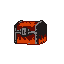 Treasure chest made of molten rock and embers, glowing with fiery oranges and deep reds, with a muted grey metallic latch.