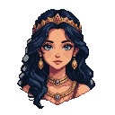 Regal figure with flowing dark blue hair, blue eyes, golden crown, and ornate jewelry.