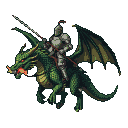 Knight on a green dragon breathing fire, with ruby eyes and spread wings.