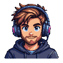 Young man with brown hair and blue eyes, wearing a dark hoodie and pink-accented headphones, with a subtle smile.