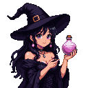 Pixel Art: witch in black holding pink love potion (generated with AI and edited by sandacz).