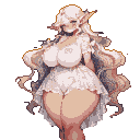 Mature elf woman with long blonde hair, starry eyes, and a shy, alluring expression, wearing a white, ribbon-adorned one-piece outfit that accentuates her curvy figure.