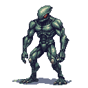 Bipedal alien with segmented metallic body, glowing red eye, and clawed hands in a combat stance.