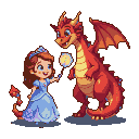 Princess Sofia in a blue gown and tiara holds a glowing magic wand towards a friendly, bright red dragon with outstretched wings and a wide grin.