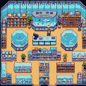 Octagonal aquariums filled with pixelated fish in a cool blue-lit pet store with shelves stocked with colorful supplies and a figure behind a counter.