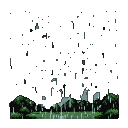 Dark silhouetted trees and a shimmering green ground under a black sky with falling gray rain pixels.