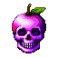 Apple-shaped skull with a brown stem and green leaf, rendered in electric purple and neon pink pixels against a black background.