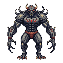 Hulking monster with segmented dark armor, red glowing highlights, sharp metallic claws, and prominent horns, in a ready stance with an intense forward gaze.