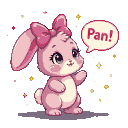 Pixel Art: A pastel pink bunny with a big bow on its left ear. It holds...