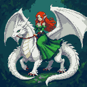 Pixel Art: Red-haired elf girl in a green flowing dress riding a white ...