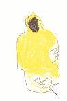 A cloaked figure in bright yellow sits with head bowed against a white background.