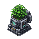 A lush green plant growing inside a complex, dark metallic structure with glowing teal accents.