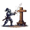 Knight in segmented armor practicing sword swings against a wooden training dummy.