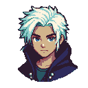 Young man with spiky white hair and blue eyes, wearing a dark hooded jacket over a teal shirt, against a black background.