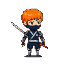 Ninja pixie with orange hair, dark blue masked outfit, silver accents, katana on back, and small blade at hip.