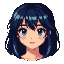 Young anime girl with dark wavy hair and blue eyes, looking forward with a melancholic expression.
