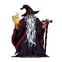 Wizard conjuring a flame, holding a staff, with a flowing white beard and a star on his pointed hat.