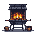 A roaring fire burns in a dark metal grill with a tiled roof, flanked by two wooden buckets.
